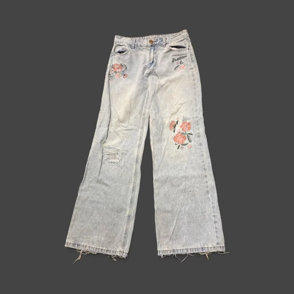 Justice Girls Size 14 Wide Leg Floral Embroidered Distressed Light Wash Jeans